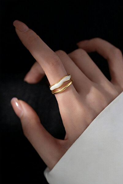 Shylyn 925 Gümüş Altın Kaplama Esmalama Dalgalı Katmanlı Açık Yüzük