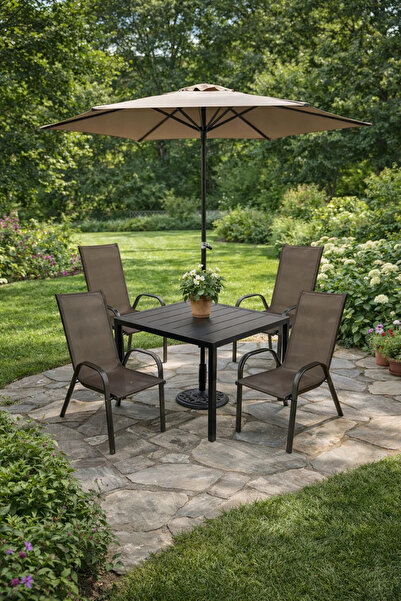 MARIA HOMES طقم طعام عصري مكون من 6 قطع للحديقة والفناء، طاولة مربعة معدنية، ...