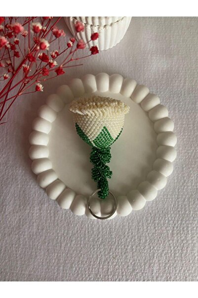 Handmade KUM BONCUK EL İŞİ BÜYÜK BOY KREM GÜL ANAHTARLIK