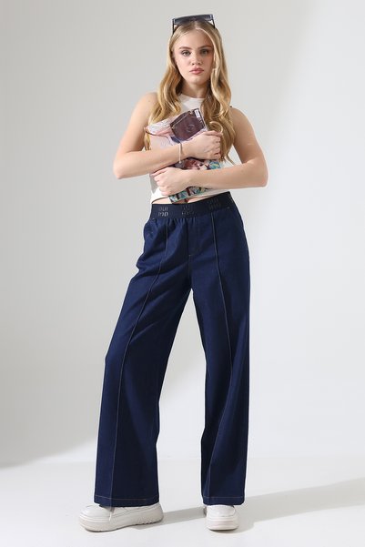 Major Women's Navy Blue Elastic Waist Wide Leg Palazzo Trousers
