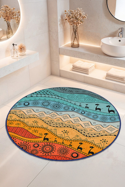 Home Etnik Desenli Kaymaz Tabanlı Yıkanabilir Banyo Halısı