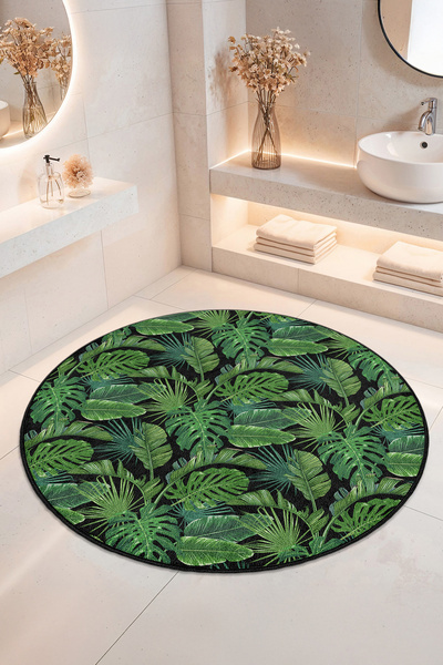Home Yeşil Tropikal Yaprak Desenli Kaymaz Tabanlı Yıkanabilir Banyo Halısı