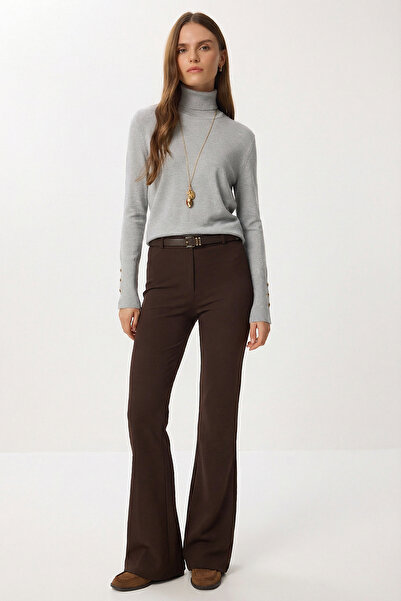 Lovelyİstanbul Belted Spanish Flared Knitted Trousers Lby0045 Brown