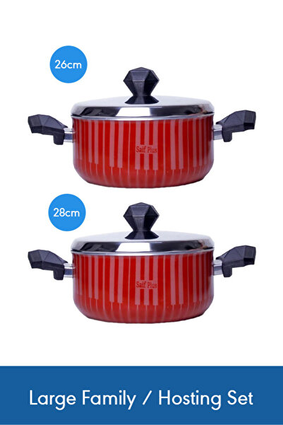 Saif Plus Non-Stick Teflon Pot Duo Set 26 & 28 cm – Red Family Sizes with Ste...