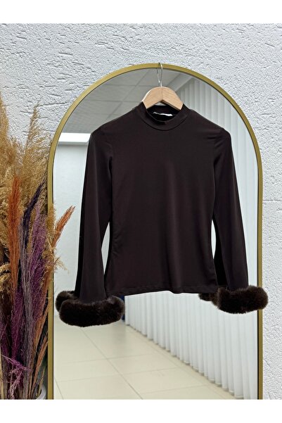 BENAHOLL Aslıhan Fur-Trimmed Sleeve Sendy Blouse-Bn4593 Brown