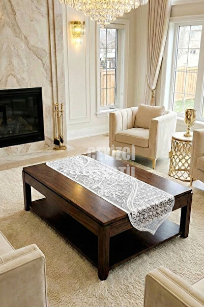 Çt Çeyizci Tekstil French Lace Detailed Single Runner, Table Top Runner, Tabl...