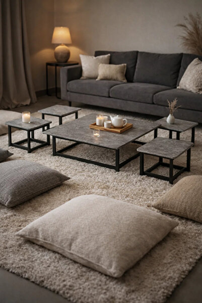 MARIA HOMES Stylish 5-Piece Grey Low Center Table Set with 4 Matching Stools ...