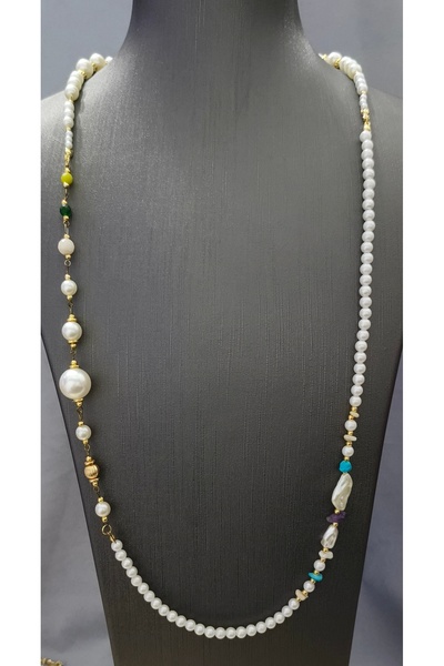 İnci قلادة بتصميم خاص مع أحجار كريمة 90 سم