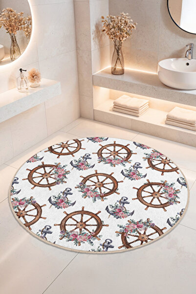 Home Çiçekli Gemi Dümeni Desenli Kaymaz Tabanlı Yıkanabilir Banyo Halısı