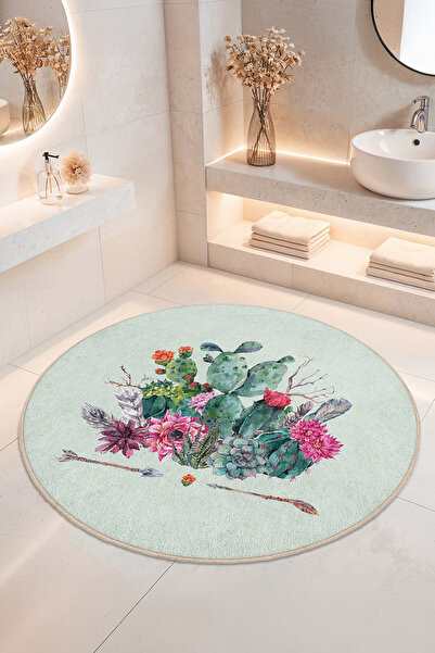 Home Çiçekli Kaktüs Desenli Kaymaz Tabanlı Yıkanabilir Banyo Halısı