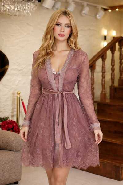 Olyssia Set elegant de halat și cămașă de noapte pentru femei, cu dantelă și ...