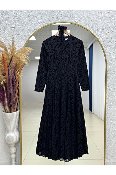 BENAHOLL Şahika Flok Desen Dikişli Tül Elbise-PA9822 Siyah