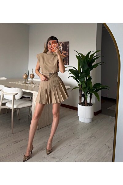Quzu Vatkalı Kemer Detaylı Trend Bej Elbise