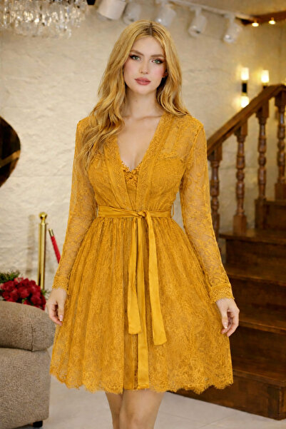 Olyssia Women's Stylish Lace and Stone Embellished Detailed Dressing Gown and...