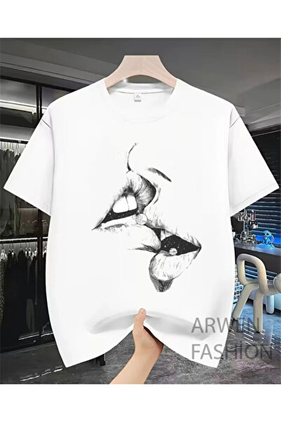 LELVANİ Unisex Black/White Lip Printed White Tshirt