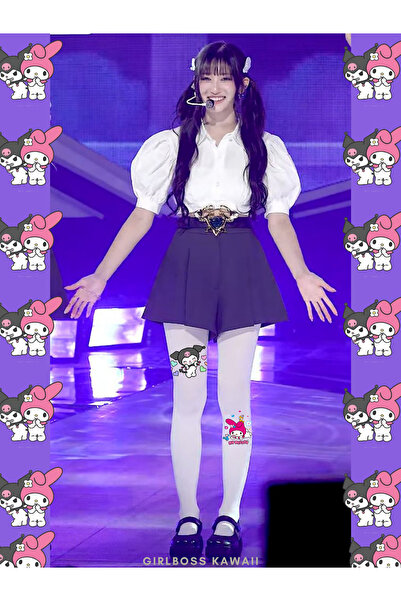 Girlboss Kawaii Kuromi & My Melody beyaz külotlu çorap mat opak