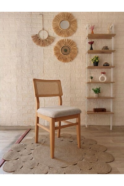 silla Concept Lizbon Sandalye Teddy Krem Kumaş Hasırlı Naturel Ahşap Sandalye
