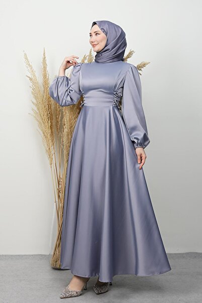 GİYZAMİLA Side Tie Flared Dress Gray