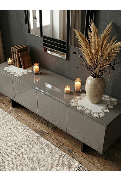 Valora Concept غطاء طاولة جانبية من الكتان بتصميم دانتيل فرنسي مزين باللؤلؤ (...