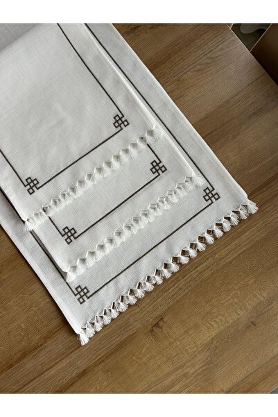 tubaatasarim Kırık Beyaz Kumaşa İşlemeli 3 Parça Salon Takımı