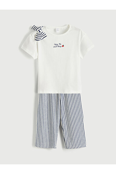 LC Waikiki LCW Kids Ecru Tricou imprimat și pantaloni în dungi pentru fete