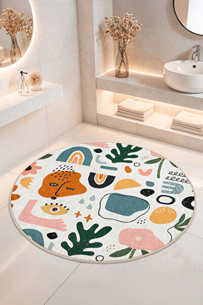 Home Soyut Desenli Kaymaz Tabanlı Yıkanabilir Yuvarlak Banyo Halısı