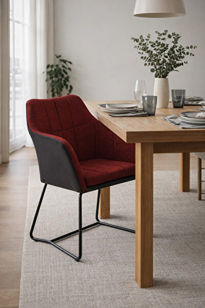MARIA HOMES Contemporary Red Upholstered Dining Armchair with Black Leather S...