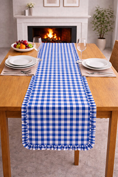 ŞAH TEXTILE DESIGN mavi Pötikare fırfırlı duck keten vintage runner 40x150