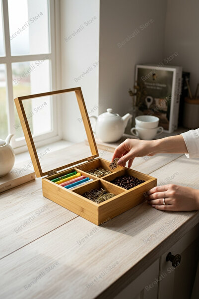 Bereketli Store Mika Kapaklı 4 Bölmeli Bambu Çay Saklama ve Sunum Kutusu