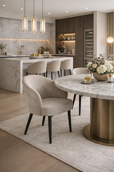 MARIA HOMES Stylish Upholstered Dining Chair Beige Fabric Armchair with Black...