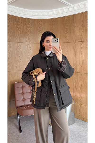 HAZELANNA Cold Khaki Waxed Coat with Plaid Inner Detail