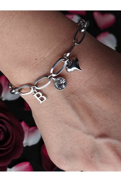 Amabel Jewelerys هدية عيد الحب: سوار فولاذي على شكل قلب مع حجر الزركون وحرف م...