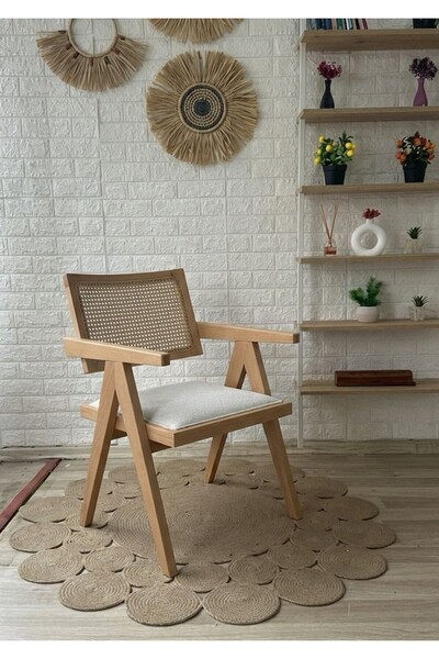 silla Concept Luna Sandalye Teddy Krem Kumaş Hasırlı Naturel Ahşap Sandalye