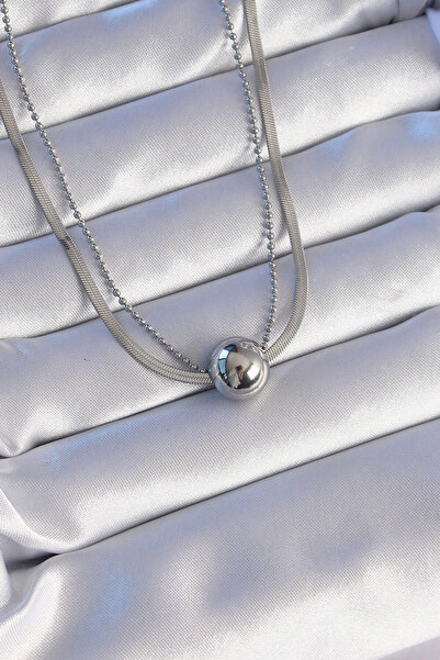 Epilons 316L Çelik Çift Zincirli Gümüş Renk Topçuk İtalyan Model Kolye - TJ-B...