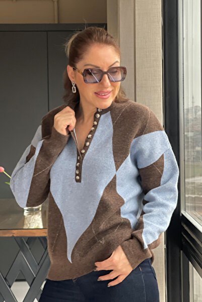 MİSLİNA BUTİK Düğme Detay Baklava Desen Kahve Mavi Kazak