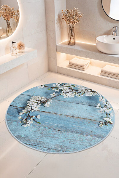 Home Beyaz Çiçek Desenli Kaymaz Tabanlı Yıkanabilir Banyo Halısı