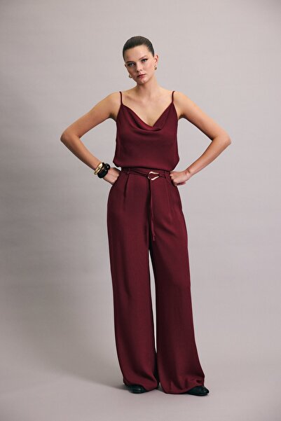 Sateen Belted Casual Trousers - Plum