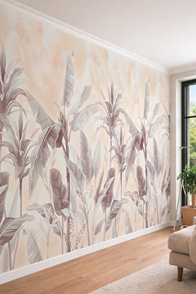 dreamwall Pastel Tonlu Tropikal Palmiye Yaprağı Desenli Tek Parça Tekstil Duv...