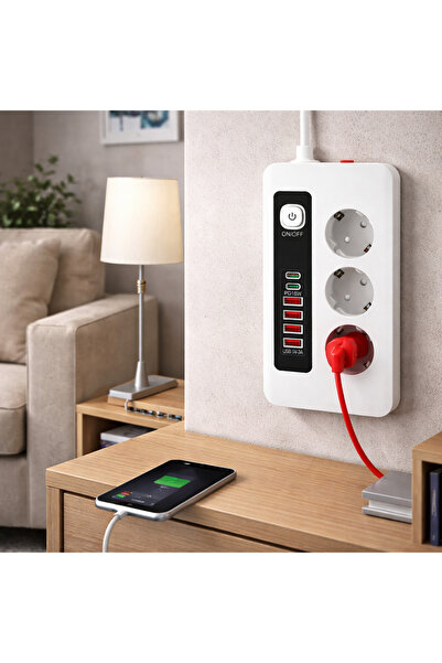 SMAYLİNG 3500W Akım Korumalı 3’lü Priz | 2 Type-C + 4 USB Girişli | Açma Kapama Anahtarlı | 2 Metre Kablolu