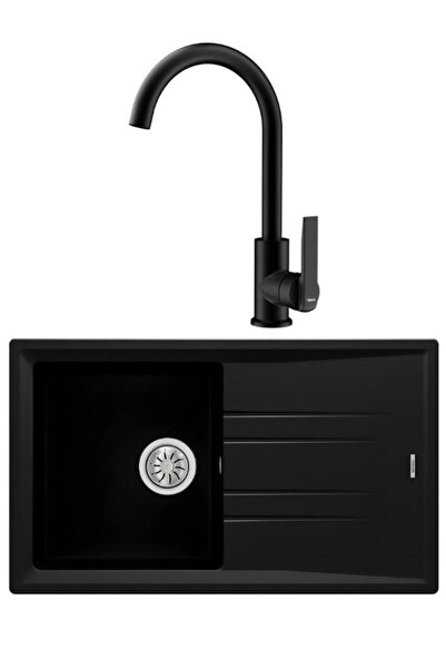 Teka Stone 50 B-TG Siyah Granit Eviye + IN 915 Siyah Kuğu Mutfak Bataryası Seti