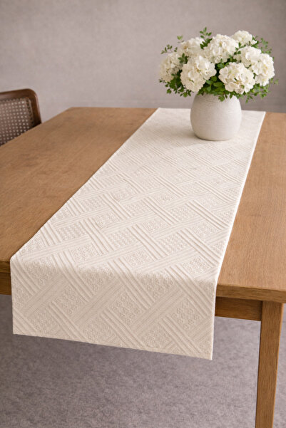 ŞAH TEXTILE DESIGN organik pamuk krem buldan baklava desen bohem runner 40x200