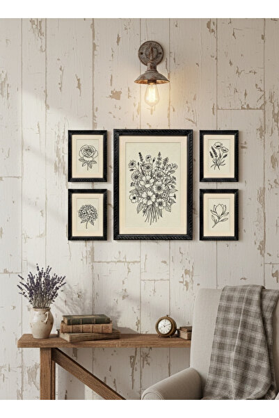 Tablomtr Siyah Vintage Botanik Eskiz 5'li Tablo Seti