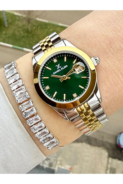 Daniel Klein Kadranı Yeşil Takvimli Kadın Kol Saati Ve Hediye Bileklik