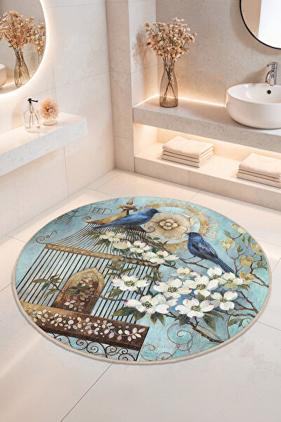 Home Çiçekli Kuş Desenli Kaymaz Tabanlı Yıkanabilir Banyo Halısı