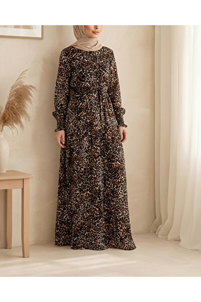 Modamorfo 2145 Patterned Hijab Dress - C. Brown