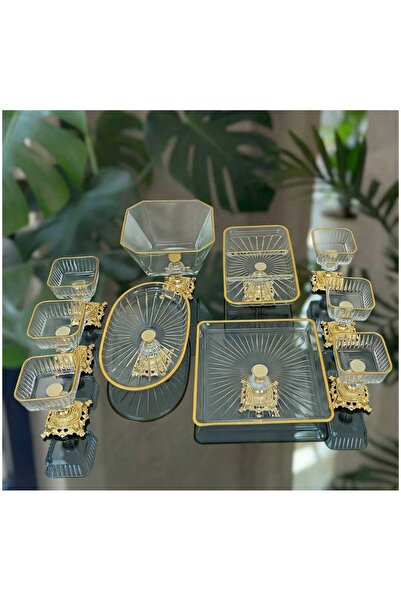 ÇNR Home Collection 10 PARÇA GOLD MERAL AYAKLI PASTA, SALATA , TATLI, KASE & ...