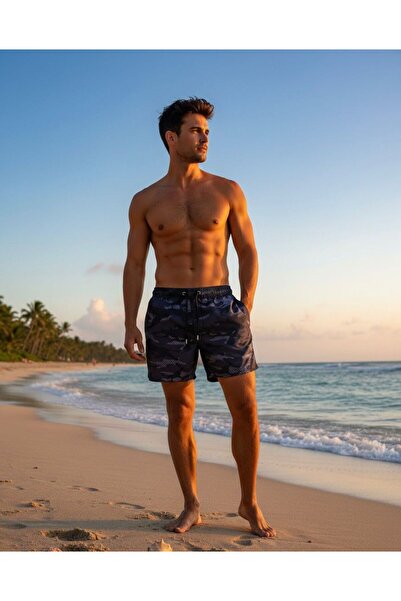 İLBESSPORT Erkek Antrasit Kamuflajlı Deniz Şortu