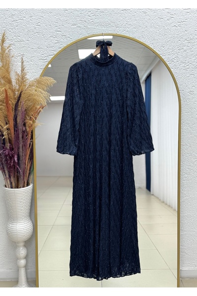 BENAHOLL Gülhan Glittery Wave Patterned Balloon Sleeve Dress-Pa9818 Navy Blue