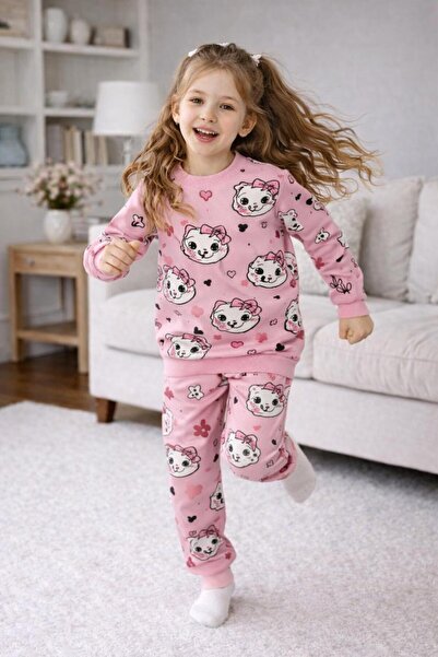 NOVERAM KİDS طقم بيجامة بناتي بأكمام طويلة وطبعة قطة وردية
