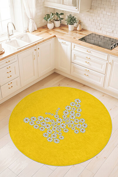 Home Sarı Arka Plan Üzerinde Beyaz Çiçeklerle Tasarlanmış Şık Mutfak Halısı